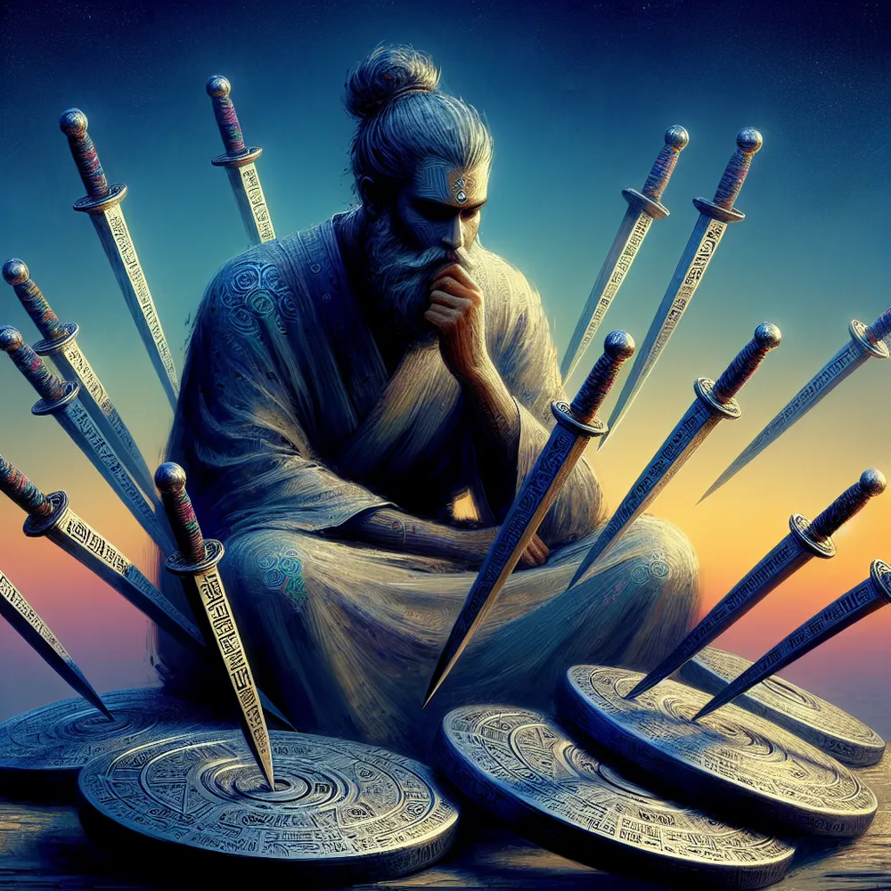 An image illustrating a stoic philosopher, of South Asian descent, deeply engrossed in thought over a scattered array of seven swords. Each sword is intricately engraved with ancient symbols, each signifying strategy or wisdom. The setting is under an expansive sky, it's palette awash with mesmerizing shades of twilight, inducing a mix of peace and intrigue.