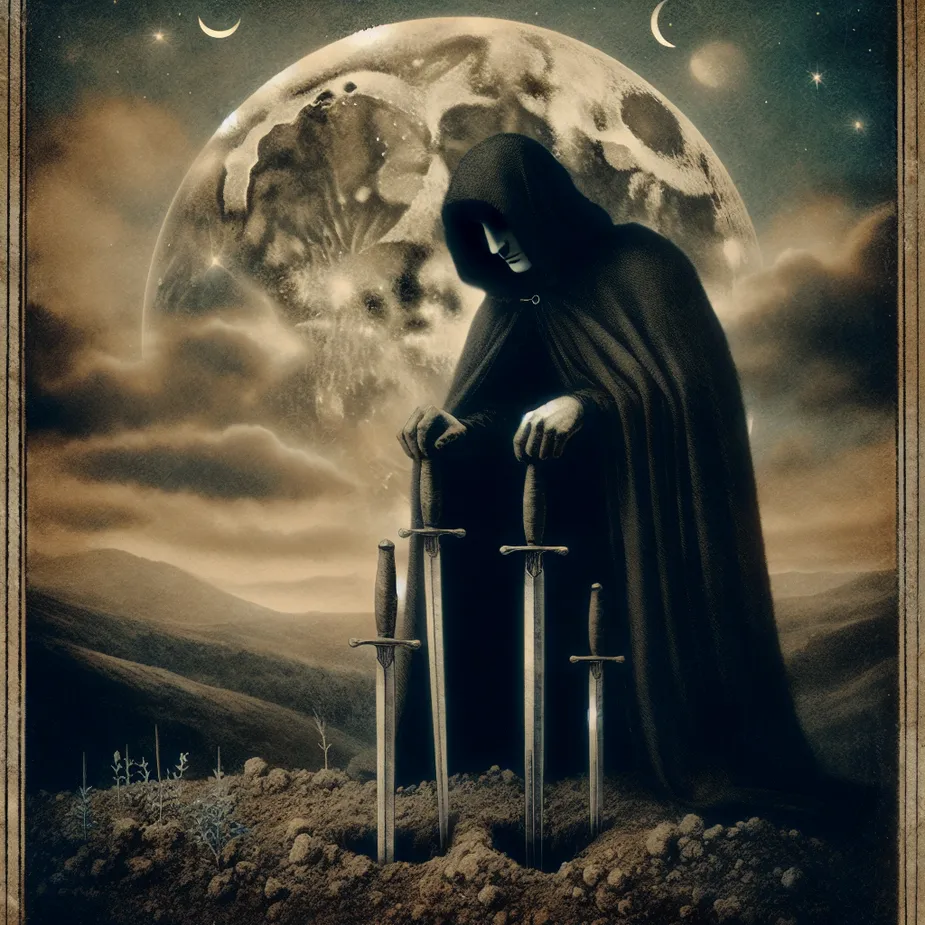 Generate an atmospheric image featuring a tarot card with the theme of Seven of Swords. Under the muted light of the moon, an obscured personality enveloped in a cloak is involved in an intellectual process of cunning and strategic maneuvering. This individual is gripping a single sword, while the remainder of the six are securely placed within the soil, mapping out an intended route of action. The backdrop of the scene is to portray a rustic, uneven terrain, symbolising the difficulties and obstacles that are yet to be overcome.