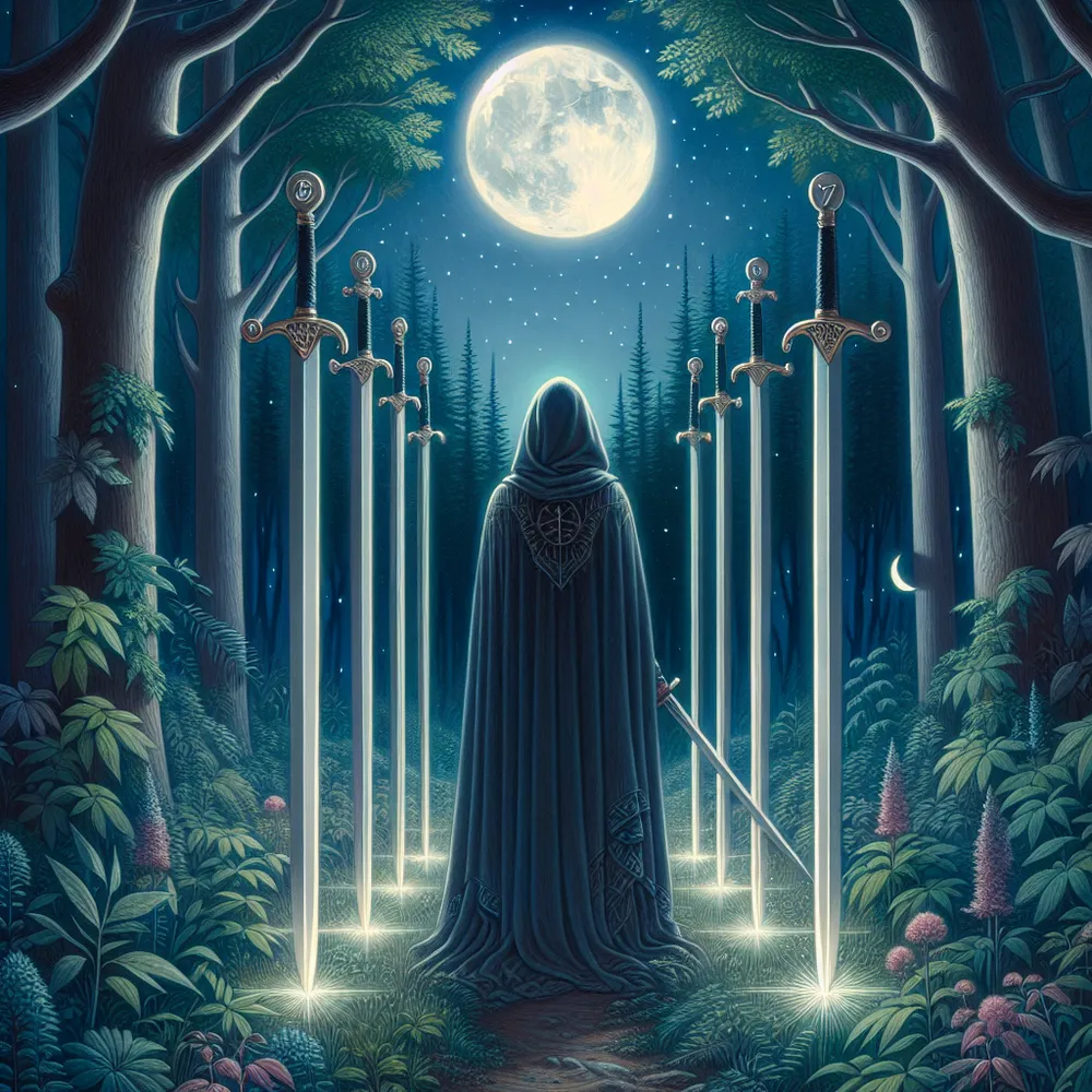 An interpretation of the Seven of Swords tarot card in a mesmerizing woodland clearing under the soft moonlight. The masked individual, wrapped in a cloak and of unspecified gender and race, delicately maneuvers seven shining swords positioned in different directions, suggesting a strategic outlook. The individual stands on a route that has been cleared of lush foliage, indicating a calculated method to negotiate complicated circumstances. Obscure shapes lurk at the periphery of the composition, hinting at clandestine intentions and misleading forces. The moon, in its waxing phase, gently illuminates the surroundings, spotlighting the sparkling swords and bringing attention to their importance. The picture should underscore the cunning, secretive, and often misconstrued aspects of the card.