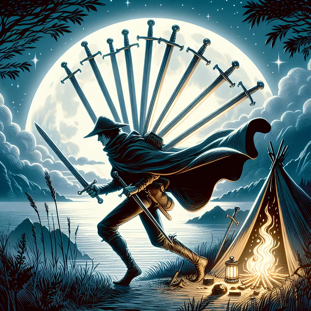 Create a mystical and symbolic image of the Seven of Swords tarot card. Depict a cunning character stealthily sneaking away from a campsite under the moonlit night sky, holding five swords in their arms with two swords left behind. The setting should convey a sense of strategy and secrecy, with an intense focus on the character's stealthy expression. Surround the scene with a softly glowing aura, emphasizing the mysterious and strategic essence of the card. The artistic style should be a blend of classical tarot imagery and surreal, illustrative fantasy.