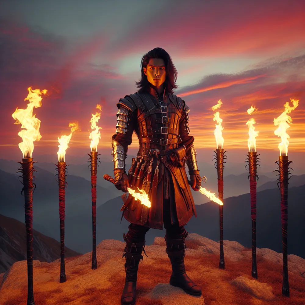 A standing fierce warrior of Asian descent, gender neutral, holding a brightly lit fire wand against a vibrant sunset backdrop, surrounded by six more wands. The warrior, standing on a mountain peak, exuding a sense of readiness and confidence. The warrior's garb includes sturdy leather armor, accented with metal plating, while their eyes glare with steely determination. The sunset casts rust-orange hues, painting the sky with strokes of pink, purple and red. The wands surrounding the warrior blaze with fervent flames, casting an ethereal glow that adds a mystical ambience to the scene.