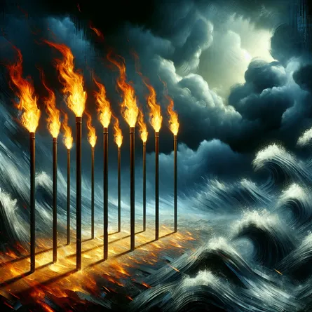 Imagine a scene presenting seven blazing batons standing strong and tall, defiantly confronting a stormy, volatile sky. Around them, the wind is howling and violent, stirring up ominous dark clouds. However, these fiery rods do not waver, reflecting a sense of stoic courage and relentless resolve in face of adversity or a daunting challenge. This artistic symbolism represents the spirit of fearlessness, resilience, and determination under difficult circumstances.