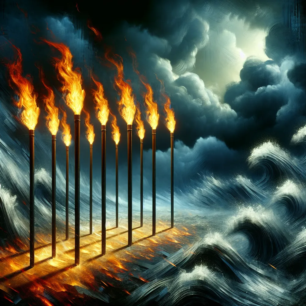 Imagine a scene presenting seven blazing batons standing strong and tall, defiantly confronting a stormy, volatile sky. Around them, the wind is howling and violent, stirring up ominous dark clouds. However, these fiery rods do not waver, reflecting a sense of stoic courage and relentless resolve in face of adversity or a daunting challenge. This artistic symbolism represents the spirit of fearlessness, resilience, and determination under difficult circumstances.