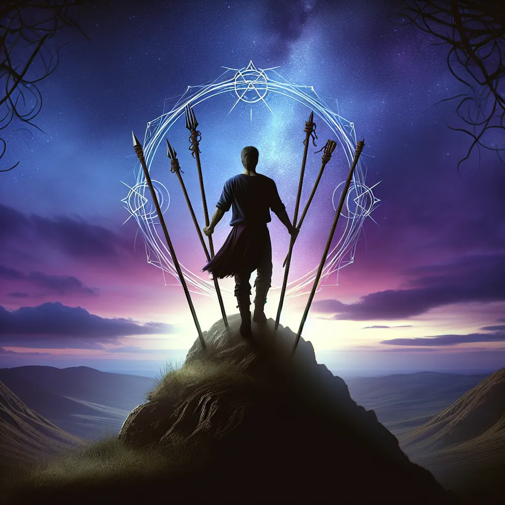 Craft an image showing a solitary, brave Caucasian man standing firmly on the crest of a hill. He is encircled by seven staffs, indicating resilience. His posture conveys courage and resolve. The backdrop is a twilight sky, blooming with hues of purple and blue, bringing depth and emotion to the scene. The overall lighting evokes feelings of obstacles yet also hints at forthcoming victories.