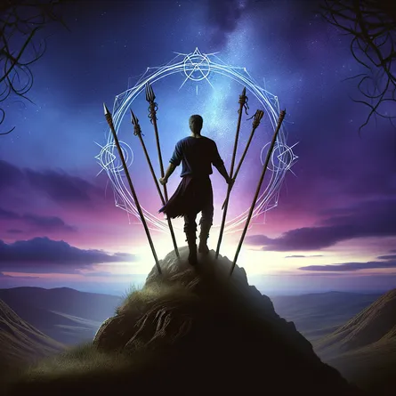 Craft an image showing a solitary, brave Caucasian man standing firmly on the crest of a hill. He is encircled by seven staffs, indicating resilience. His posture conveys courage and resolve. The backdrop is a twilight sky, blooming with hues of purple and blue, bringing depth and emotion to the scene. The overall lighting evokes feelings of obstacles yet also hints at forthcoming victories.