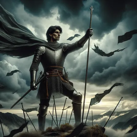 A single knight, of South Asian descent and male gender, is stationed on top of a hill. He is holding up his wand with fierce determination. His face is stoic, an embodiment of strength and resolve. The atmosphere around him is charged as a storm slowly begins to approach, casting an ominous shadow over the landscape. Shreds of heavy clouds dance around, harbingers of the impending tempest. He stands unyielding, a strong figure against the turbulent backdrop. This scene represents the 'Seven of Wands' tarot card which symbolizes bravery, defiance and perseverance.