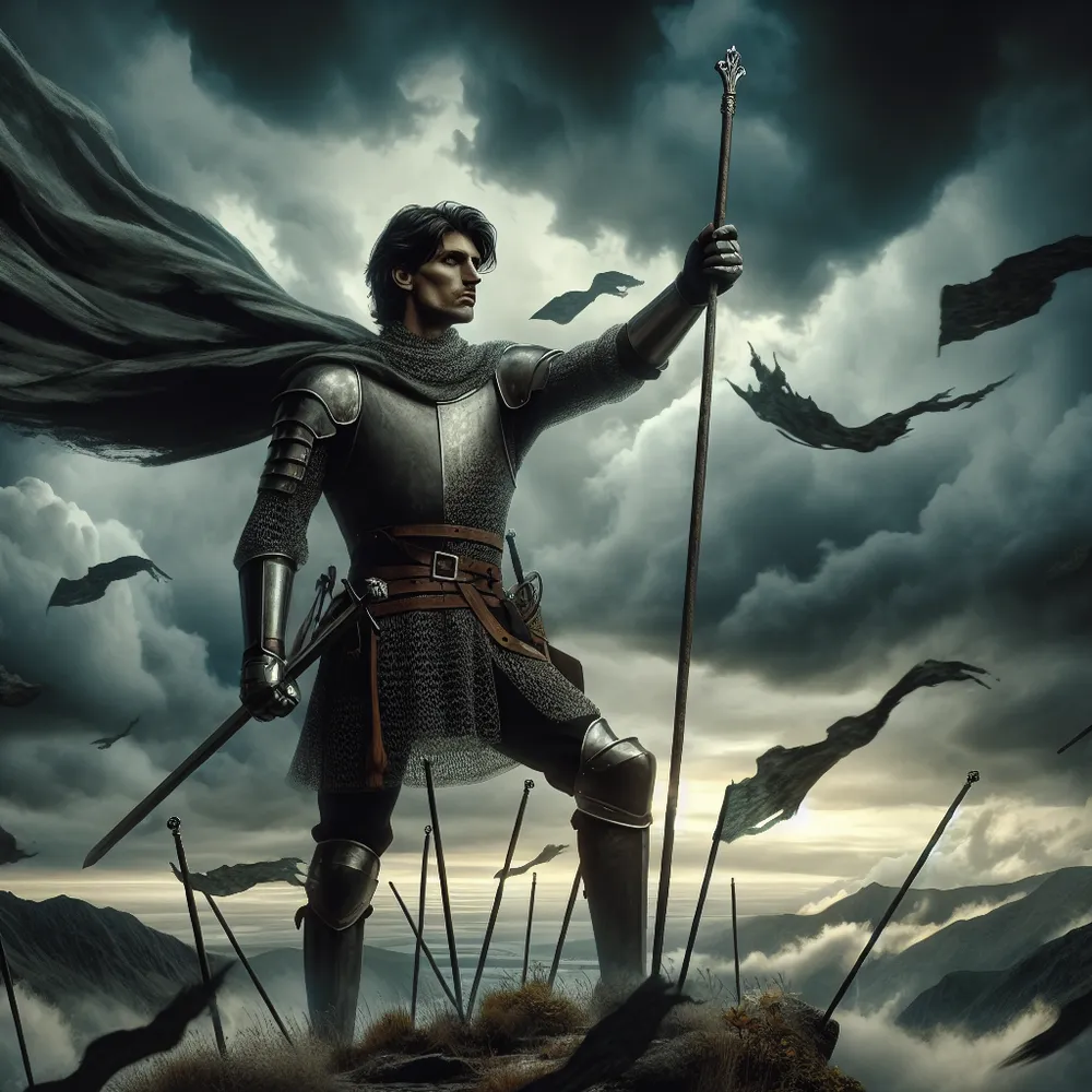 A single knight, of South Asian descent and male gender, is stationed on top of a hill. He is holding up his wand with fierce determination. His face is stoic, an embodiment of strength and resolve. The atmosphere around him is charged as a storm slowly begins to approach, casting an ominous shadow over the landscape. Shreds of heavy clouds dance around, harbingers of the impending tempest. He stands unyielding, a strong figure against the turbulent backdrop. This scene represents the 'Seven of Wands' tarot card which symbolizes bravery, defiance and perseverance.