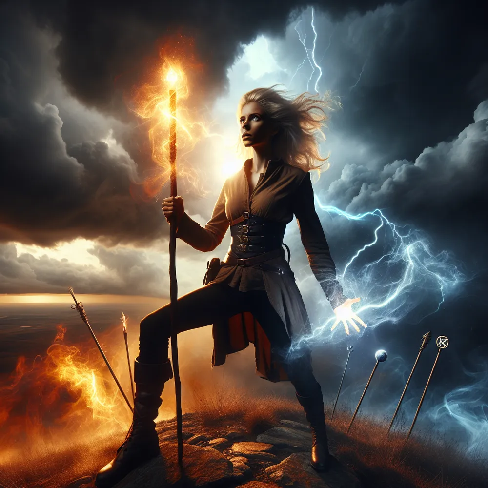 Portray a stoic Caucasian female warrior with a posture conveying determination, standing her ground on the peak of a hill, with an impending storm brewing in front of her. She grips a wand that glows with overwhelming radiance and strength. Elements of fire and earth are to be represented in the scenery through other wands and pentacles dispersed in the vicinity. Emphasize the dramatic contrast between the cool, stormy skies and the warm, rich earth tones.