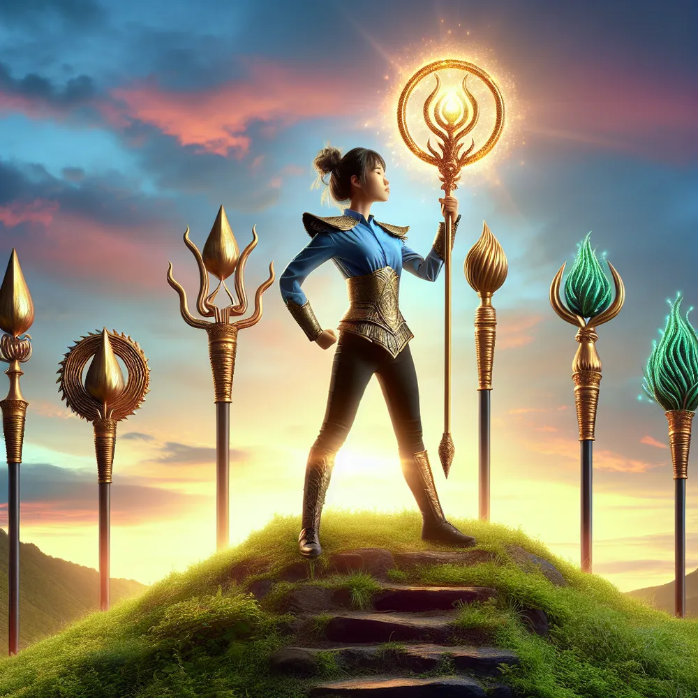 An East Asian female warrior standing tall atop a hill. She confidently holds a glittering golden wand high above her head. Around her, six other wands stand firmly rooted in the verdant earth. The sky around her is aglow with vibrant hues of an early morning, casting an enchanting light on her. This setting symbolizes the commencement of a fresh journey, replete with challenging adventures and steps towards strength and mastery.