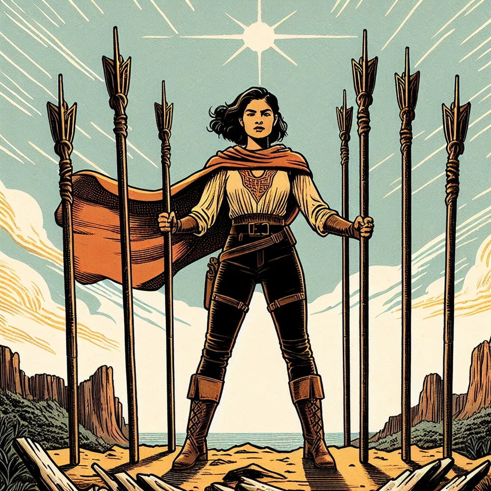 Create an image that represents the Seven of Wands card from a Tarot deck. The scene should have a heroic figure, a Hispanic female, standing tall and firm on a rugged landscape. She bravely grasps a wand in her hands with a determined expression on her face, encapsulating the essence of resilience. She is surrounded by six wands pointing towards the sky. Her posture and environment are a testament her courageous struggle against overwhelming odds.