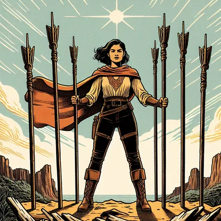 Create an image that represents the Seven of Wands card from a Tarot deck. The scene should have a heroic figure, a Hispanic female, standing tall and firm on a rugged landscape. She bravely grasps a wand in her hands with a determined expression on her face, encapsulating the essence of resilience. She is surrounded by six wands pointing towards the sky. Her posture and environment are a testament her courageous struggle against overwhelming odds.