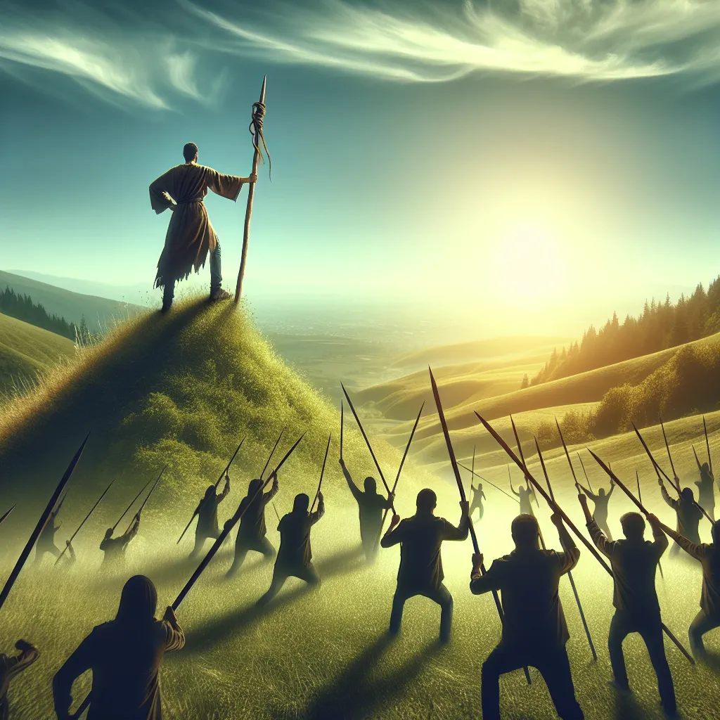 Create an image of a determined figure standing on a hill, holding a wooden staff, bravely facing a group of opposing staffs being brandished in the air below. The scene is set in a lush, green landscape with a clear blue sky, capturing a sense of resolve and courage. The figure is focused and resilient, embodying the spirit of standing one's ground against challenges. Emphasize the themes of resilience, confidence, and steadfastness.