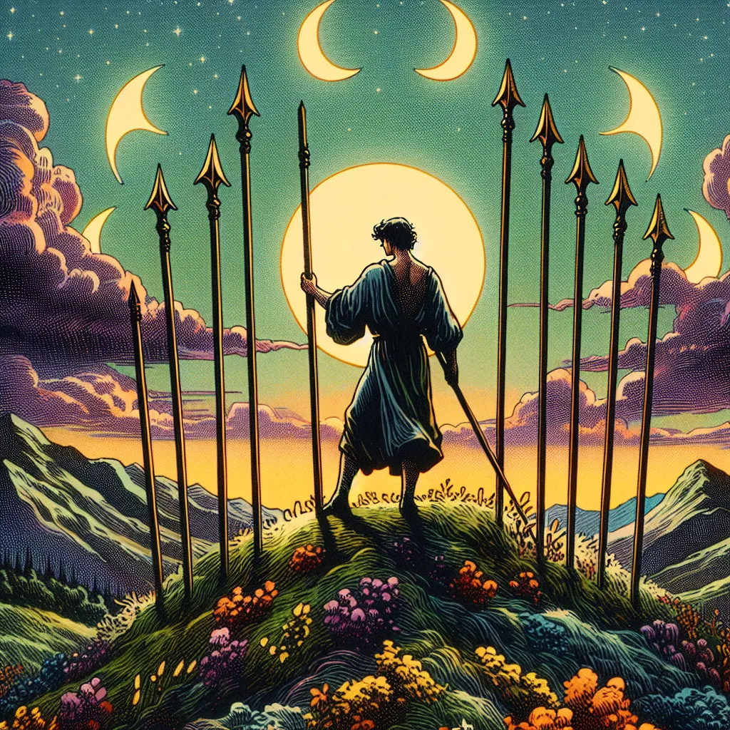 Create an image of the Seven of Wands tarot card: a lone figure stands atop a hill, holding a wand defensively against six other wands rising from below. The scene is set against a vivid twilight sky, embodying determination and resilience. The figure is clad in simple attire, with a determined expression. The landscape is lush and dynamic, symbolizing challenges and growth. The style should be richly detailed and reminiscent of classical tarot card artwork.