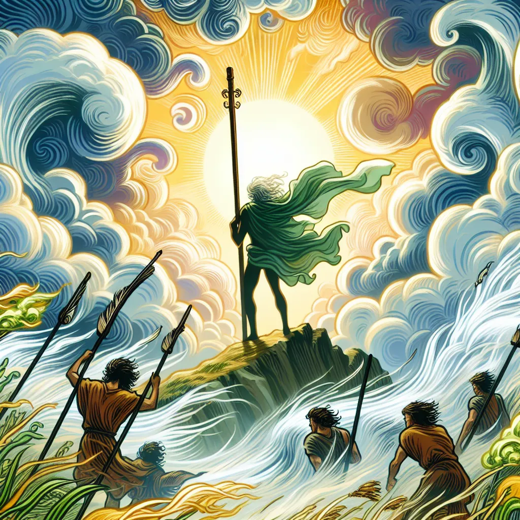 Create an image illustrating a determined figure standing on a hilltop for the tarot card 'Seven of Wands'. The figure, displaying strength and courage, grips a wooden wand defensively against unseen enemies from a lower ground. Swirling clouds form the background, along with vigorous winds and glowing green vegetation, symbolizing growth and adversity. Use dramatic and vivid colors to emphasize resilience, perseverance, and the unwavering spirit of standing up for one's beliefs.