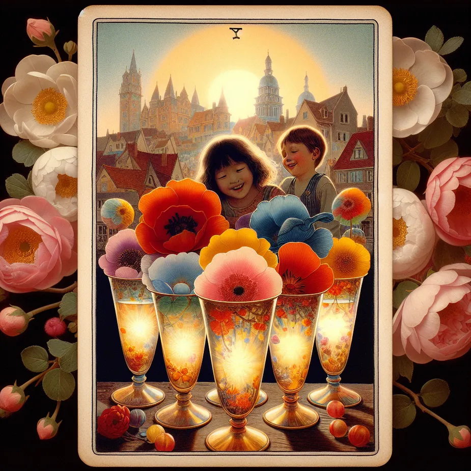 An image exuding serenity and nostalgia, featuring six luminescent cups brimming with resplendent, colorful blossoms. Two children, one East Asian boy and a Black girl, wholeheartedly engaged in play nearby, contrasting against a backdrop of an idyllic town bathed in warm sunlight. The town appears dated and quaint, reminiscent of a bygone era. The overall relevance to the Six of Cups card from a tarot deck should emphasize warmth, innocent joy, and an understated wisdom.