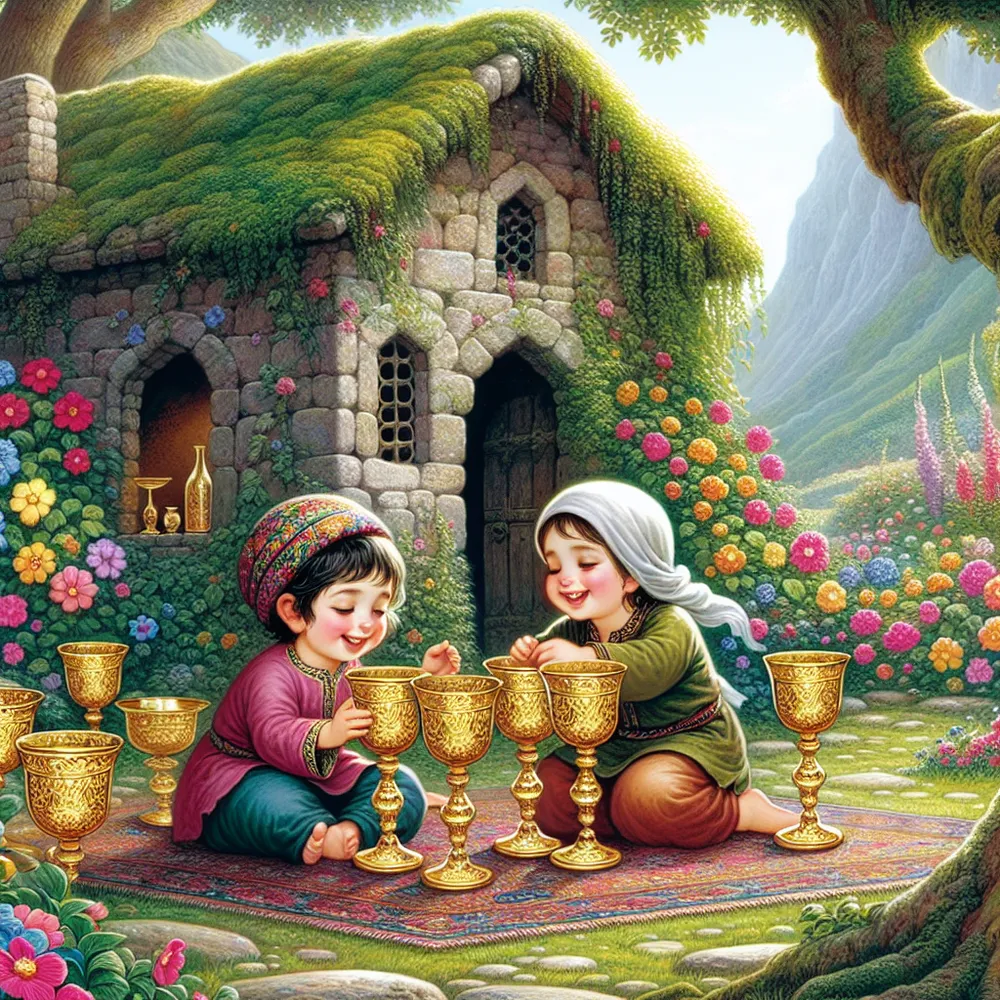 A heartwarming scene unfolds with two children, one of Middle-Eastern descent and the other South Asian, completely immersed in their play, joyfully interacting near six gleaming golden chalices. They are enveloped by an abundantly verdant garden teeming with vibrant flowers and tall trees. Nearby, there stands an antiquated stone house with moss spreading over its surface, its weathered features adding a distinctive touch of old-world charm. This illustration should bring forth a palpable sense of nostalgia and innocence, echoing the carefree spirit of childhood.