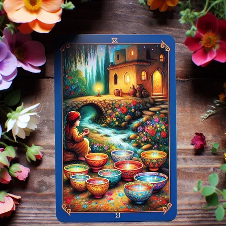 An image depicting a scene inspired by the Six of Cups tarot card where a Middle-Eastern child is playing by a riverbank. In this scene, six vibrant cups are scattered around, some of them filled with blooming flowers, adding to the scene's colourful aspect. In the background, there is a cosy, rustic house portraying warmth and inviting energy. Please make sure to capture the mystical and peaceful mood associated with the Six of Cups tarot card.