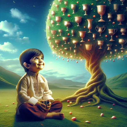 Create an image featuring a South Asian male child, situated on a lush carpet of green grass beneath a cloudless azure sky. The child is absolutely captivated by the spectacle of a unique tree that bears cups rather than fruits, subtly referencing the 'Six of Cups' tarot card. A soft smile lights up his face, hinting at his fascination and delight for this fantastical entity. The overall ambiance of this scene exudes an air of nostalgia, representing the purity and delight associated with a child's innocent outlook. The child's rapt attention towards the tree symbolizes his wonderment and joy, often typical of youthful innocence and curiosity.