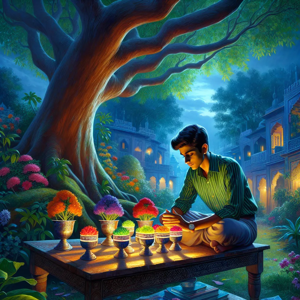A vibrant, lush garden illuminated by the gentle glow of twilight. A South Asian young man sits contentedly beneath a towering tree, studying six gleaming cups arranged ritualistically on an antiquated wooden table. Each cup brims with brightly coloured flowers in full bloom. The man's expression is a poignant mix of nostalgia and tranquility. Behind him, the charming outlines of a sun-bleached cityscape conjure feelings of a long-cherished childhood hometown.