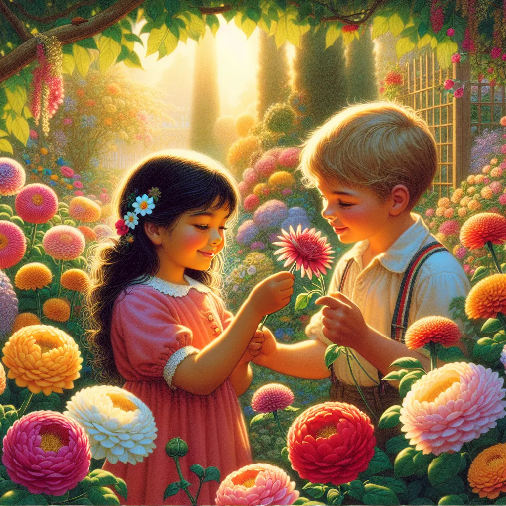 Generate an illustration for a blog post related to tarot cards, specifically focusing on the theme of the Six of Cups. The image should capture a peaceful garden scene with two children, a Caucasian boy and a South Asian girl, sweetly sharing flowers in a symbol of innocence and joyful memories. The setting is a quaint, radiant garden brimming with vibrantly colored blooms of various shapes and sizes and bathed in warm sunlight. The children's expressions are calm and serene. A gentle breeze should be visible in the motion of the petals and leaves, embodying the tranquility, simplicity, and nostalgia of a bygone era.