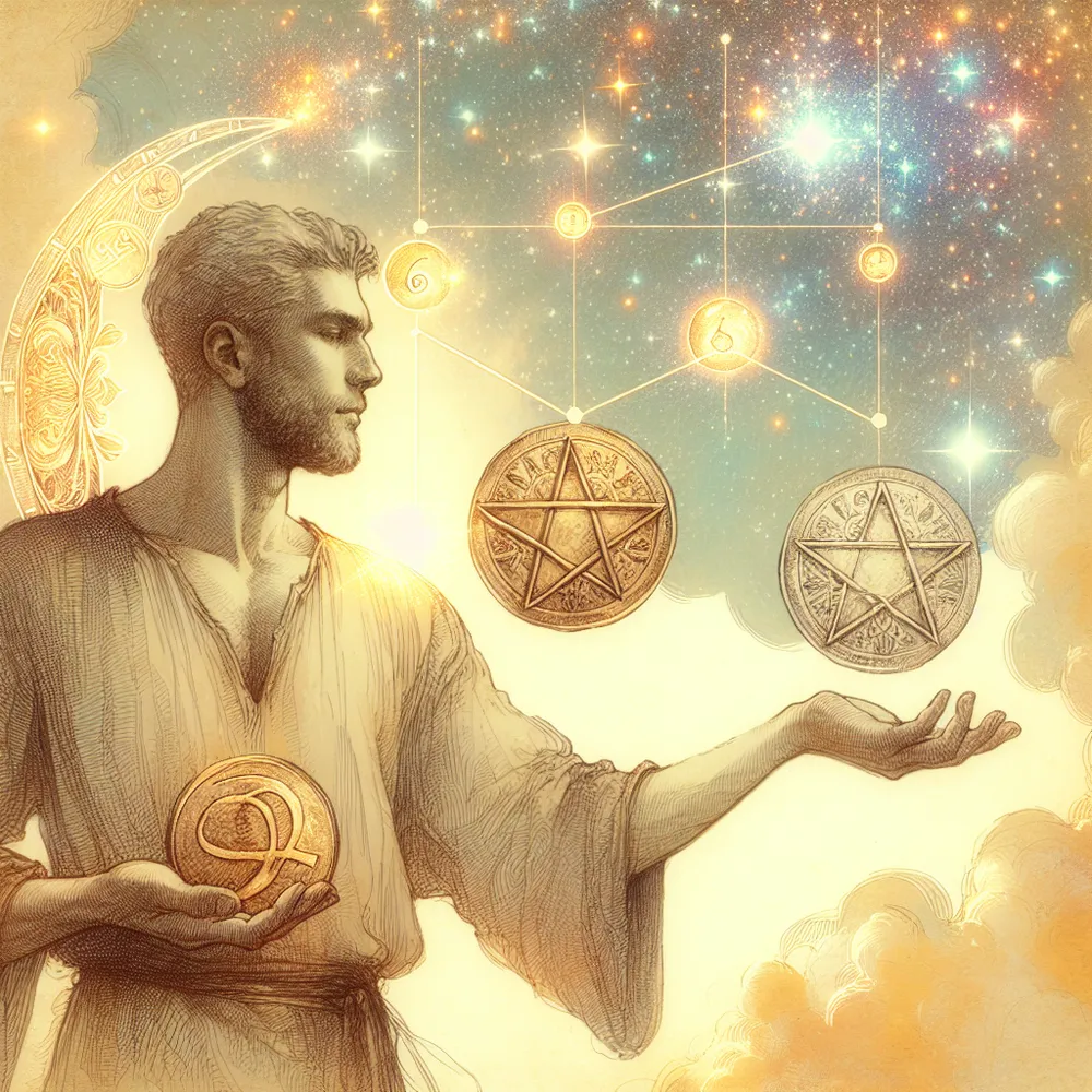 Create an image showcasing a benevolent, open-handed man under a brightly speckled, star-filled sky. He is Caucasian and in a position that indicates equilibrium, holding two pentacle symbols, one raised and one lowered, illustrating a sense of balance between the acts of giving and receiving. Subtle elements of prosperity, abundance, and peace are interwoven throughout the scene, adding layers of richness and depth. The luminous, scattered stars above emit a calming, hopeful, and inspirational ambiance. In the softly sketched background, hint at references to the Tarot cards, specifically the Six and Two of Pentacles, capturing their essence subtly.