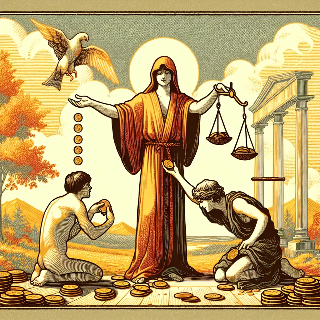 Create an illustration of the Six of Pentacles from a deck of tarot cards, depicting a balanced scene of giving and receiving. In the foreground, feature a generous figure standing with a scale in one hand, distributing coins to two kneeling individuals. The background should be a timeless landscape, embodying fairness and equilibrium with warm colors symbolizing kindness and abundance. Interpret the classical tarot imagery with a modern artistic flair, ensuring the scene evokes a sense of community and generosity.