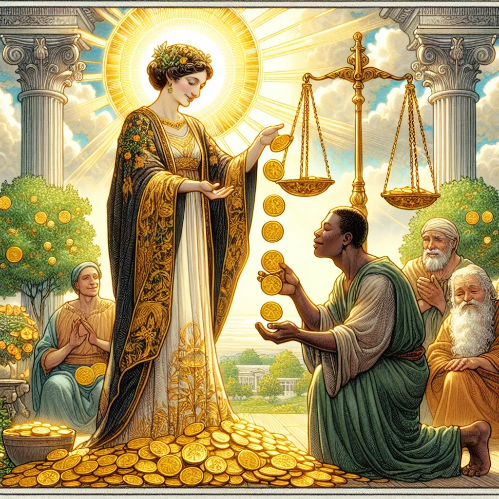 An intricate tarot card illustration of the Six of Pentacles. A benevolent figure in elegant attire stands in a harmonious, classical setting, distributing gold coins equally to two grateful figures below them. The giver, a middle-aged South Asian female, radiates kindness and fairness, while the recipients, a young black male and an elderly Caucasian woman, show gratitude. In the background, a balanced scale symbolizes equality and justice. The card is rich in detail, capturing the essence of generosity and balance, with elements of nature like lush greenery and a sunlit sky in the background.
