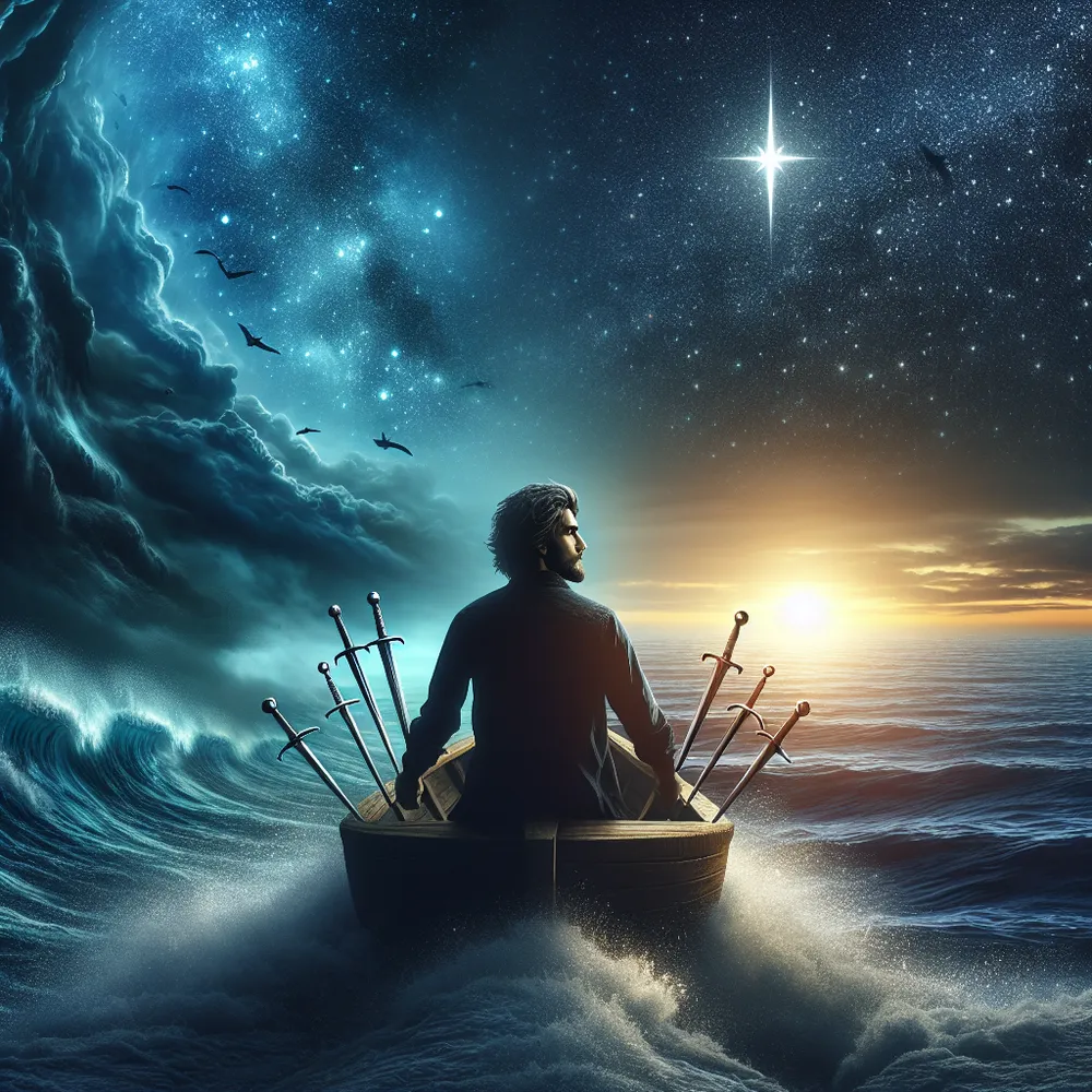 Create an image showing a single individual of South Asian descent, sailing on a boat amidst a dramatic transition between a tempestuous ocean and calm waters. His journey is guided by a glowing star glimmering in the starry night sky. In his possession are six swords, serving as metaphors of prior hardships. Yet, the man's eyes exude determination and hope, symbolizing unyielding resilience. On the horizon, the faint glow of dawn begins to break, an indicator of a promising new day and fresh start.