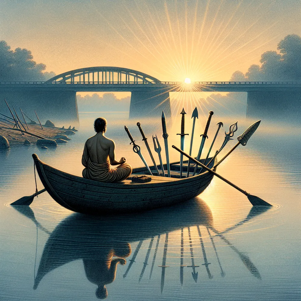 Illustrate a serene morning scene on a tranquil river. An individual of unmentioned gender and descent, situated in a plain wooden rowboat, is contemplatively casting six bladed weapons into the peace-emanating waters one at a time. The emerging sunlight coats the sky with the first colors of daybreak signaling a fresh start. Perched quietly in the backdrop, a bridge's silhouette can be discerned, whispering the notion of transition.
