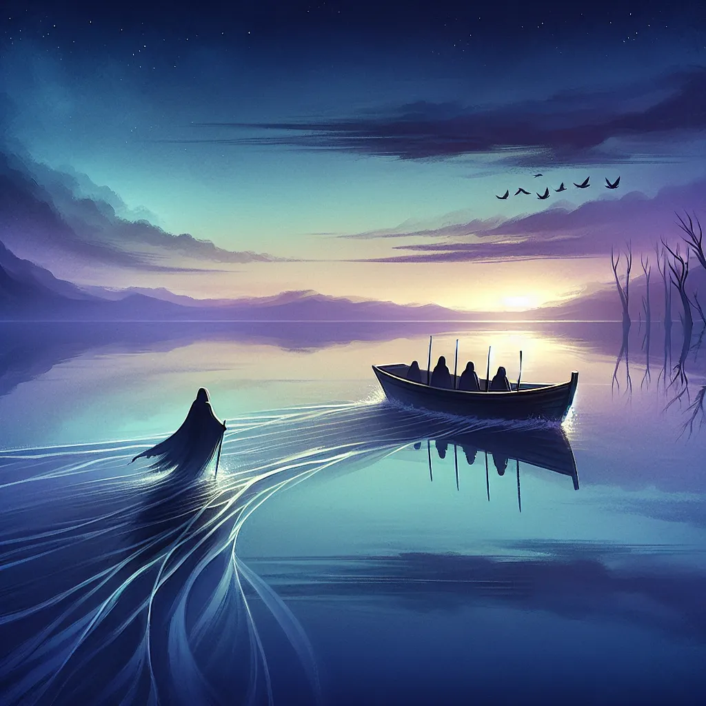 Create a serene scene depicting a boat gracefully cutting across calm waters at twilight. The horizon is infused with hues of soft blues and purples, signifying transition and new beginnings. Inside the boat, a cloaked figure gently guides it forward, leaving behind a shore filled with shadowed images of past chaos. Six swords are subtly embedded in the boat's structure, symbolizing the challenges carried yet transcended. The atmosphere should evoke a sense of calm, hope, and quiet determination.