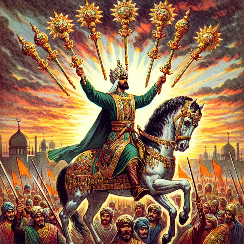 Illustrate an image of a triumphant yet humble hero of Middle-Eastern descent, making a victorious return home. He is riding a magnificent horse through an animated processional gathering. In his possession, six ornate wands adorned with crowns of laurels are held, embodiments of his successful exploits. In the backdrop, the sun is taking its evening retreat, casting a spectral array of warm colors over the entire scene, signifying the closure of one chapter and the eager expectancy for fresh starts.