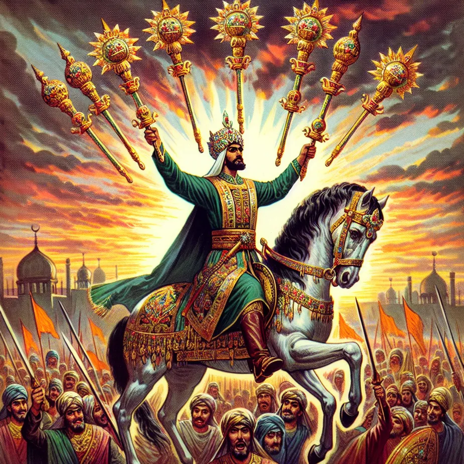 Illustrate an image of a triumphant yet humble hero of Middle-Eastern descent, making a victorious return home. He is riding a magnificent horse through an animated processional gathering. In his possession, six ornate wands adorned with crowns of laurels are held, embodiments of his successful exploits. In the backdrop, the sun is taking its evening retreat, casting a spectral array of warm colors over the entire scene, signifying the closure of one chapter and the eager expectancy for fresh starts.