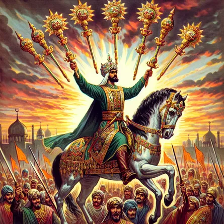Illustrate an image of a triumphant yet humble hero of Middle-Eastern descent, making a victorious return home. He is riding a magnificent horse through an animated processional gathering. In his possession, six ornate wands adorned with crowns of laurels are held, embodiments of his successful exploits. In the backdrop, the sun is taking its evening retreat, casting a spectral array of warm colors over the entire scene, signifying the closure of one chapter and the eager expectancy for fresh starts.