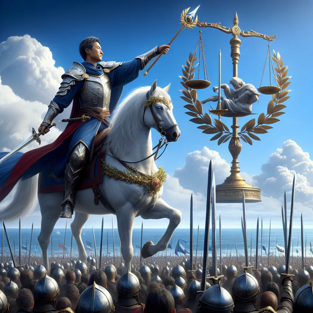 Generate an image depicting a medieval celebration where a triumphant hero, who is an Asian male, is riding a white horse in the heart of a crowd. He is regally holding aloft a wand adorned with a laurel wreath. A crystal clear blue sky serves as the background, providing an atmosphere of tranquility after the victory. The hero is looking at an upright scale majestically floating in the vast sky, a representation of Justice. In the distance behind him, observe the serene sea where six swords are piercing the frothy waves.