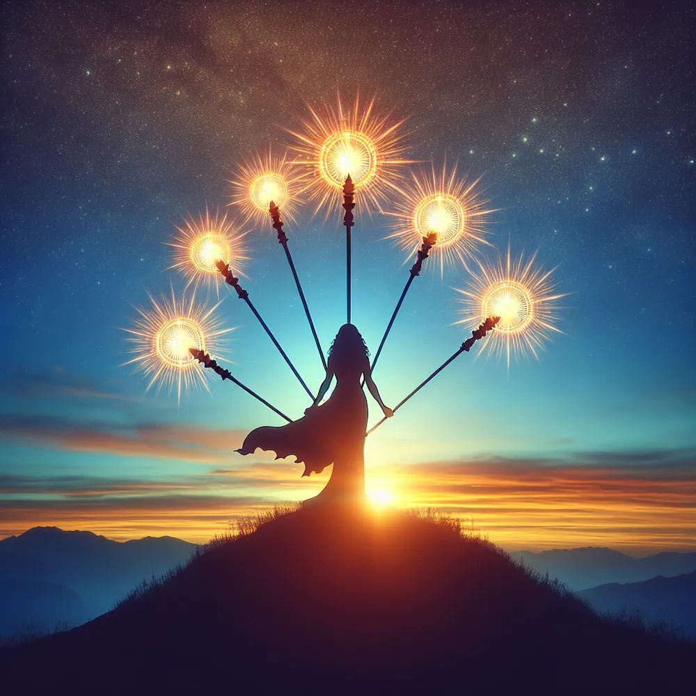 Generate an image of a triumphant Middle-Eastern female figure, standing with six radiantly illuminated wands against a dawn sky. The early rays of the sun create a silhouette of the figure, radiating a sense of victory or accomplishment. This scene captures the epitome of triumph after overcoming significant challenges.
