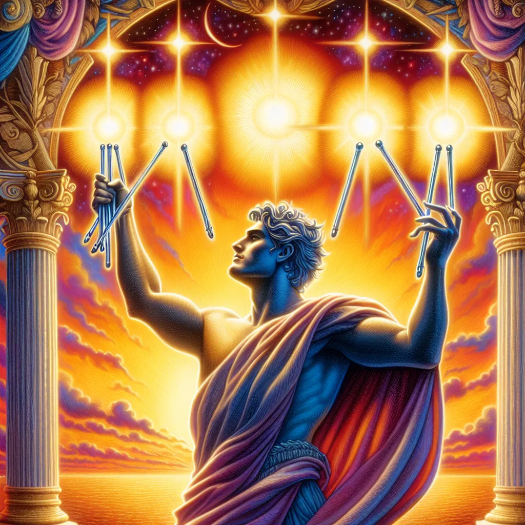 Create an elaborately detailed image that exhibits a triumphant figure, who could be of Hispanic descent and male, confidently grasping six brightly shining wands. The figure's postured demeanor is one of pride, hinting at a recent victory. In the background, a vibrant sunset serves as a metaphorical curtain to this triumphant scene, its radiant hues symbolizing the bright close of a successful endeavor.