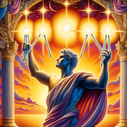 Create an elaborately detailed image that exhibits a triumphant figure, who could be of Hispanic descent and male, confidently grasping six brightly shining wands. The figure's postured demeanor is one of pride, hinting at a recent victory. In the background, a vibrant sunset serves as a metaphorical curtain to this triumphant scene, its radiant hues symbolizing the bright close of a successful endeavor.