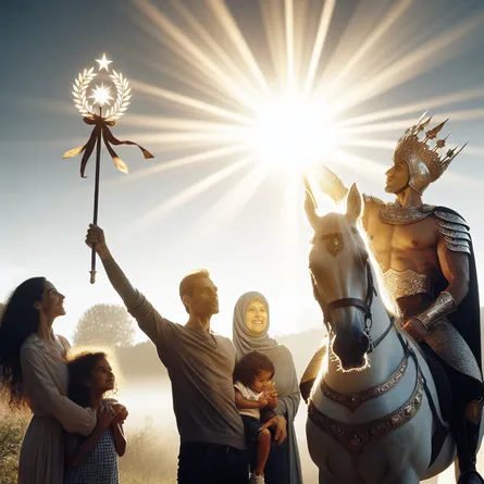 A bold, self-assured South Asian warrior, mounted on a radiant white horse, confidently holds aloft a beautifully decorated wand topped with a laurel crown. This thrilling scene unfolds against the backdrop of a rising, glistening sun casting its brilliant light across a serene landscape. Absorbing the glow is a joyful family comprising a Middle Eastern mother, a Caucasian father, and their Black and Hispanic children. They revel in the warm, radiant light, their faces mirror images of pure happiness, harmony, and contentment.
