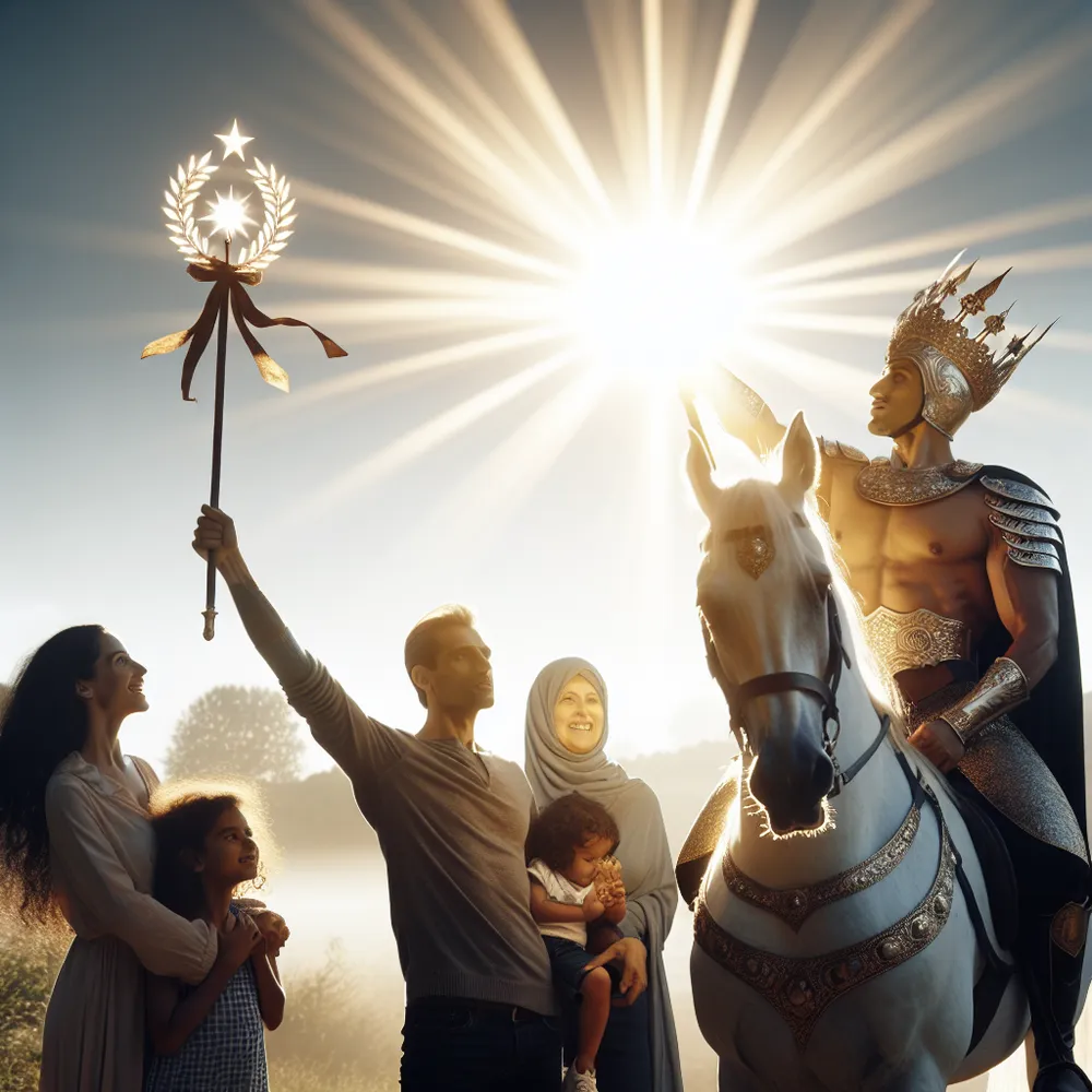 A bold, self-assured South Asian warrior, mounted on a radiant white horse, confidently holds aloft a beautifully decorated wand topped with a laurel crown. This thrilling scene unfolds against the backdrop of a rising, glistening sun casting its brilliant light across a serene landscape. Absorbing the glow is a joyful family comprising a Middle Eastern mother, a Caucasian father, and their Black and Hispanic children. They revel in the warm, radiant light, their faces mirror images of pure happiness, harmony, and contentment.