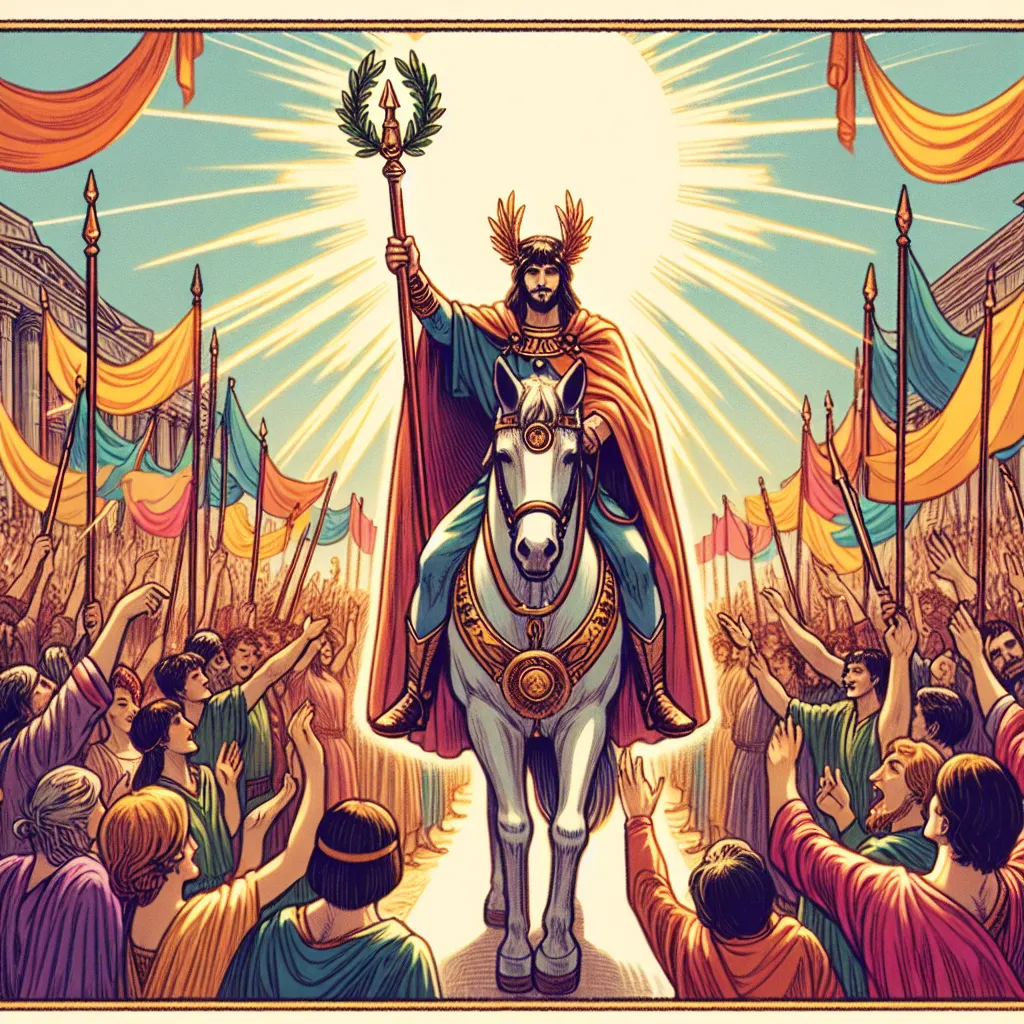 Create an illustration of the Six of Wands tarot card. Depict a triumphant figure riding a horse through a celebratory crowd, holding a wand crowned with a laurel wreath. The setting is lively and vibrant, reflecting victory and public recognition. The crowd is cheering with bright banners in a sunny environment, capturing a sense of accomplishment and glory. The attire of the central figure combines classical and mystical elements, symbolizing leadership and achievement.