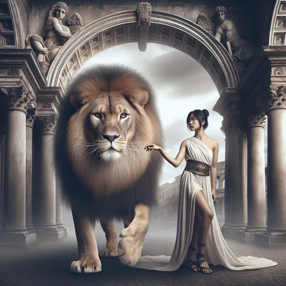 A regal lion being tamed by a strong and confident Asian woman against a stoic backdrop of ancient Roman architecture, symbolizing inner strength and resilience. The lion exudes magnificence and the woman projects an aura of unwavering determination. The Roman structures add a timeless quality to the scene, their intricate stone please provide depth and context. The image radiates a powerful message of courage, resilience, and the triumph of will over brute strength.