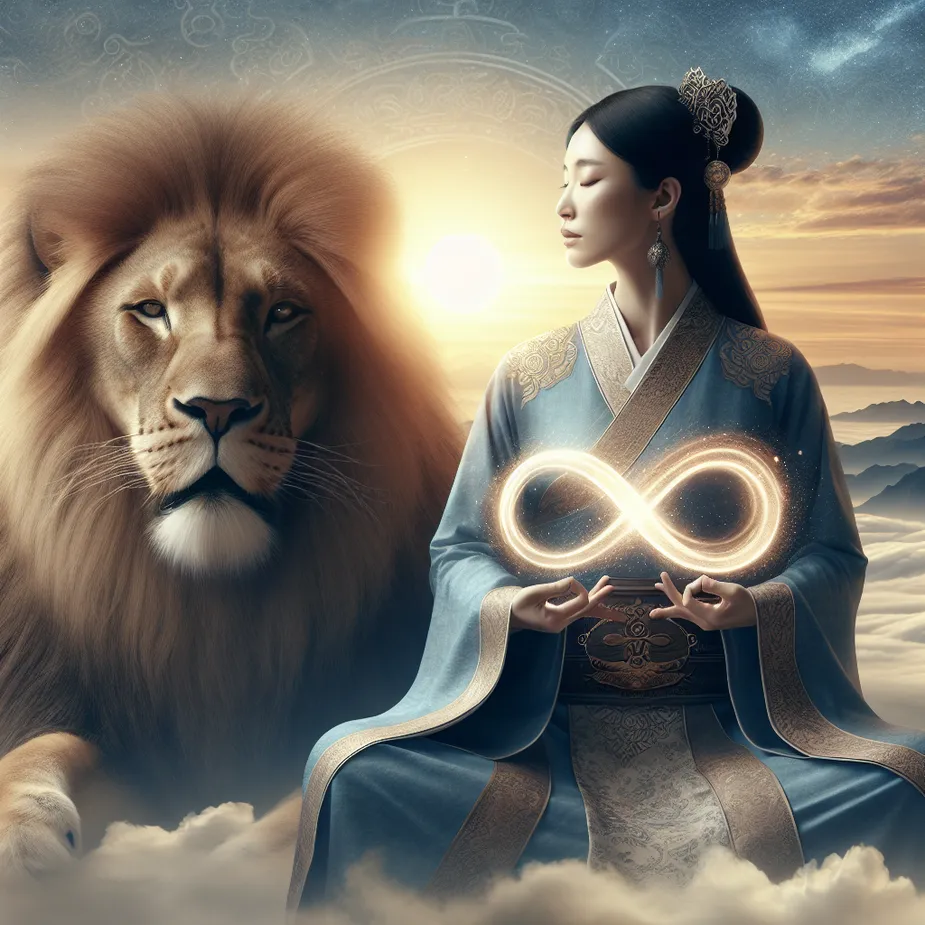 An East Asian woman in a peaceful and soothing posture, with a grand yet tranquil lion by her side, denoting the capacity to control one's primeval impulses. A shimmering symbol of infinity, characterizing the traditional symbolism of the image, floats between her hands. In the backdrop, there's a sunrise or dawn, symbolizing the initiation of a courageous, new adventure.