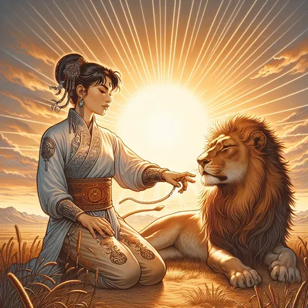 An illustration of a strong, composed East-Asian woman bravely taming a lion in an open, sunlit savannah. This image pays homage to two themes, the classic depiction of the Strength tarot card and the tranquility of stoic philosophy. She's portrayed in an assertive yet tranquil pose, her calmness reflecting the serenity of the savannah around her. The lion, docile and calm, represents the strength and courage residing within her, emanating warmth that matches the soft glow of the setting sun. The woman's outfit is traditional, detailed with intertwined patterns, enhancing the historical and philosophical context.