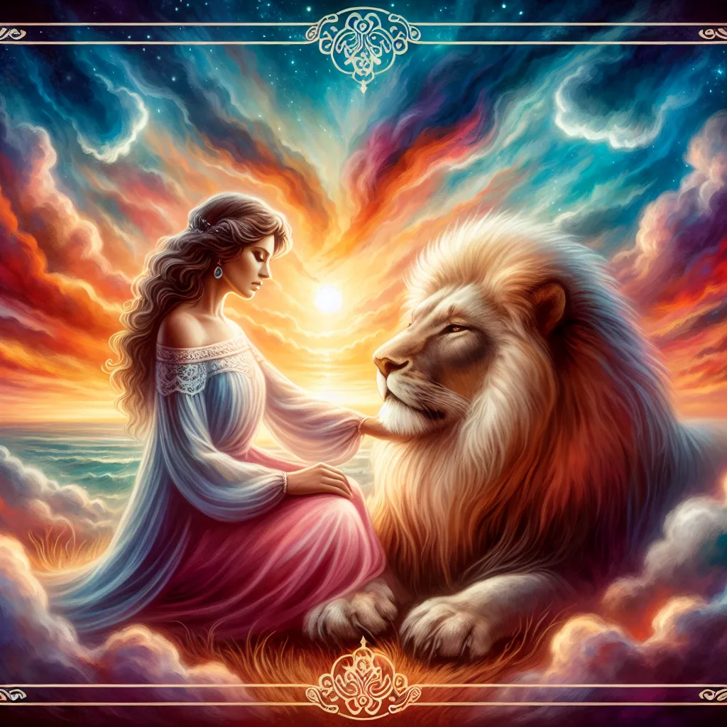 Create an artistic and serene depiction of a woman gently taming a powerful lion under a vibrant sky. The scene should convey calmness, courage, and compassion, with the woman radiating inner strength and tranquility. Use a classic tarot card style, with rich colors and detailed imagery, capturing the essence of courage through patience and understanding.