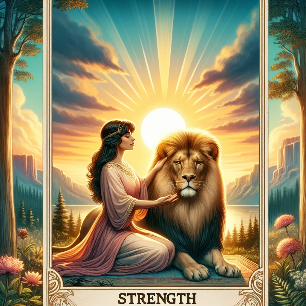 Create a serene and empowering scene depicting the Strength tarot card. Show a calm and confident woman gently taming a lion, symbolizing harmony between instinct and intellect. The setting is a tranquil natural landscape with a vibrant sunrise in the background, embodying themes of inner strength, patience, and balance. Highlight the elements of courage, resilience, and compassion in this classic tarot imagery.