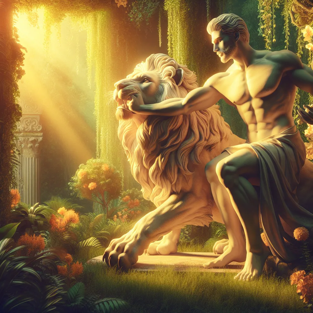 A scene showing an elegant Middle-Eastern male figure gently taming a roaring lion with a serene expression, symbolizing inner strength and patience. They are set in a lush, vibrant garden bathed in golden sunlight, reflecting themes of courage and tranquility. The figure's physique embodies confidence and serenity, subtly reminiscent of classical Greek statues, with an emphasis on the harmony between mankind and nature.