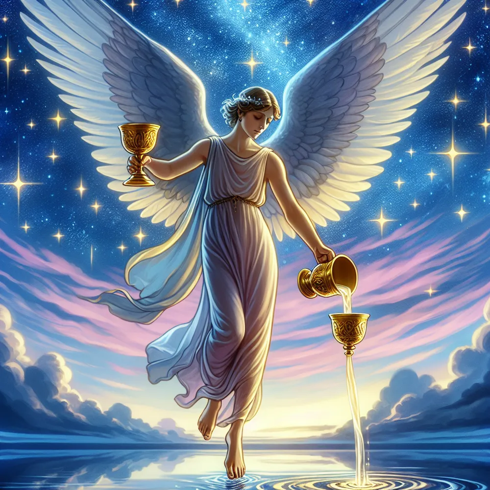 Produce an image of a graceful angel of ambiguous gender and diverse descent, serenely pouring an unknown liquid from one golden chalice to another. This celestial being is positioned amid a tranquil twilight sky, with wings majestic and outspread. One foot securely stands on land while the other gently dips in the placid water nearby. The angel embodies the stoic essence of the Temperance card from the tarot deck. The overhead expanse displays a surreal merger of twinkling stars set against the backdrop of serene twilight hues, symbolizing tranquility in the midst of struggle.
