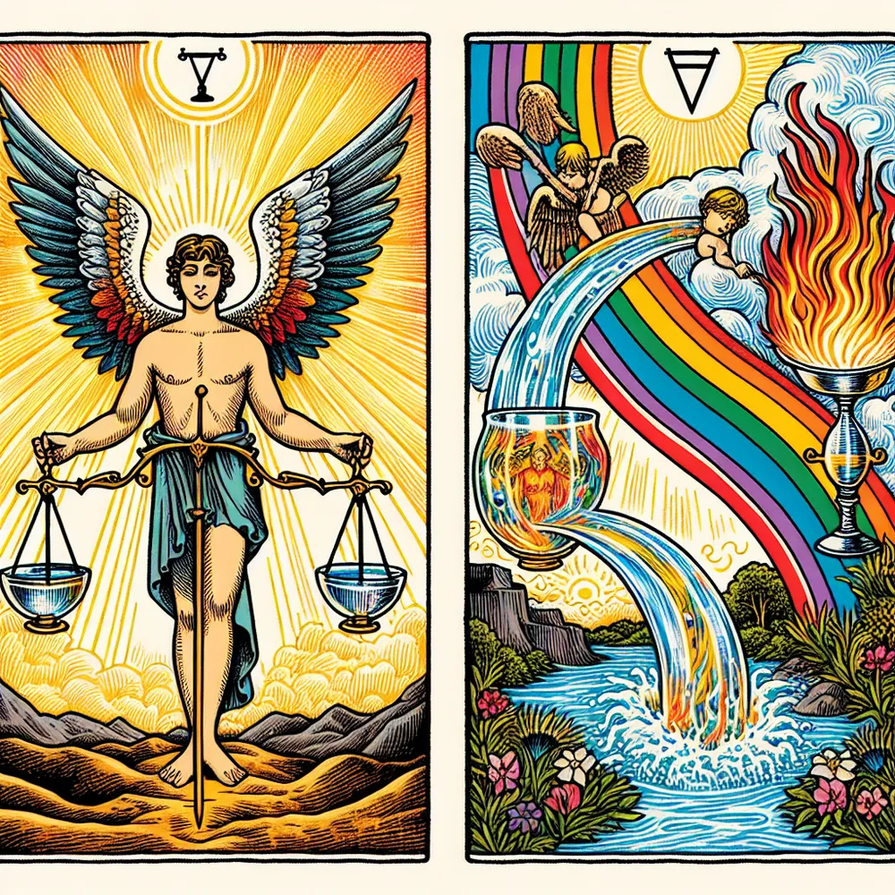Give life to an imaginative illustration of the Temperance tarot card. Portray an angel, genderless and of ambiguous descent, positioning one foot on dry terrain and the other in a gushing brook. The angel tactfully balances two goblets. One cup is filled with raging fire and the other with calm water. Their intermingling sprouts a stunning rainbow that stretches across a brilliant, sun-kissed sky. To underline the card's philosophy of stoicism and balance, incorporate features such as an evenly balanced scale. Also, introduce an open book signifying wisdom and thoughtful reflection.