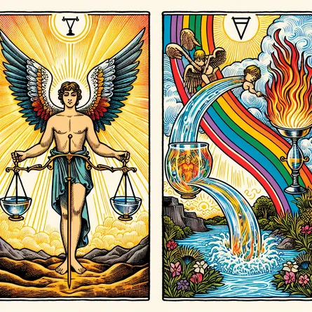 Give life to an imaginative illustration of the Temperance tarot card. Portray an angel, genderless and of ambiguous descent, positioning one foot on dry terrain and the other in a gushing brook. The angel tactfully balances two goblets. One cup is filled with raging fire and the other with calm water. Their intermingling sprouts a stunning rainbow that stretches across a brilliant, sun-kissed sky. To underline the card's philosophy of stoicism and balance, incorporate features such as an evenly balanced scale. Also, introduce an open book signifying wisdom and thoughtful reflection.
