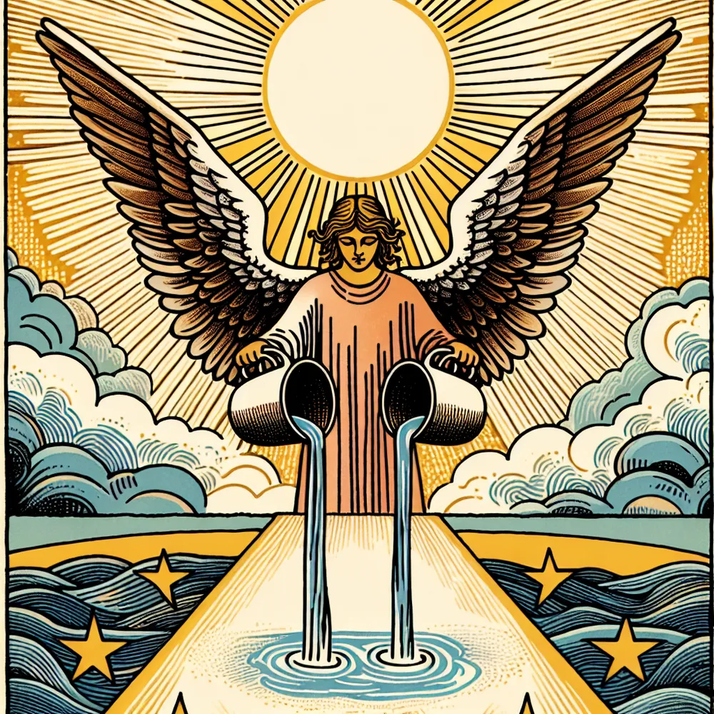 Generate an image with classic tarot symbolism combined with visual elements that represent balance. It should depict an angel mixing water between two cups, with one foot in water and one on land, symbolizing harmony and equilibrium. There are no human figures in the image. The backdrop includes a brightly shining sun, while the foreground contains a path that signifies a journey inspired by stoic philosophy. The visual elements should evoke a sense of calm and wisdom.